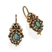 14K Gold Vintage Style Earrings with Pearl & Turquoise