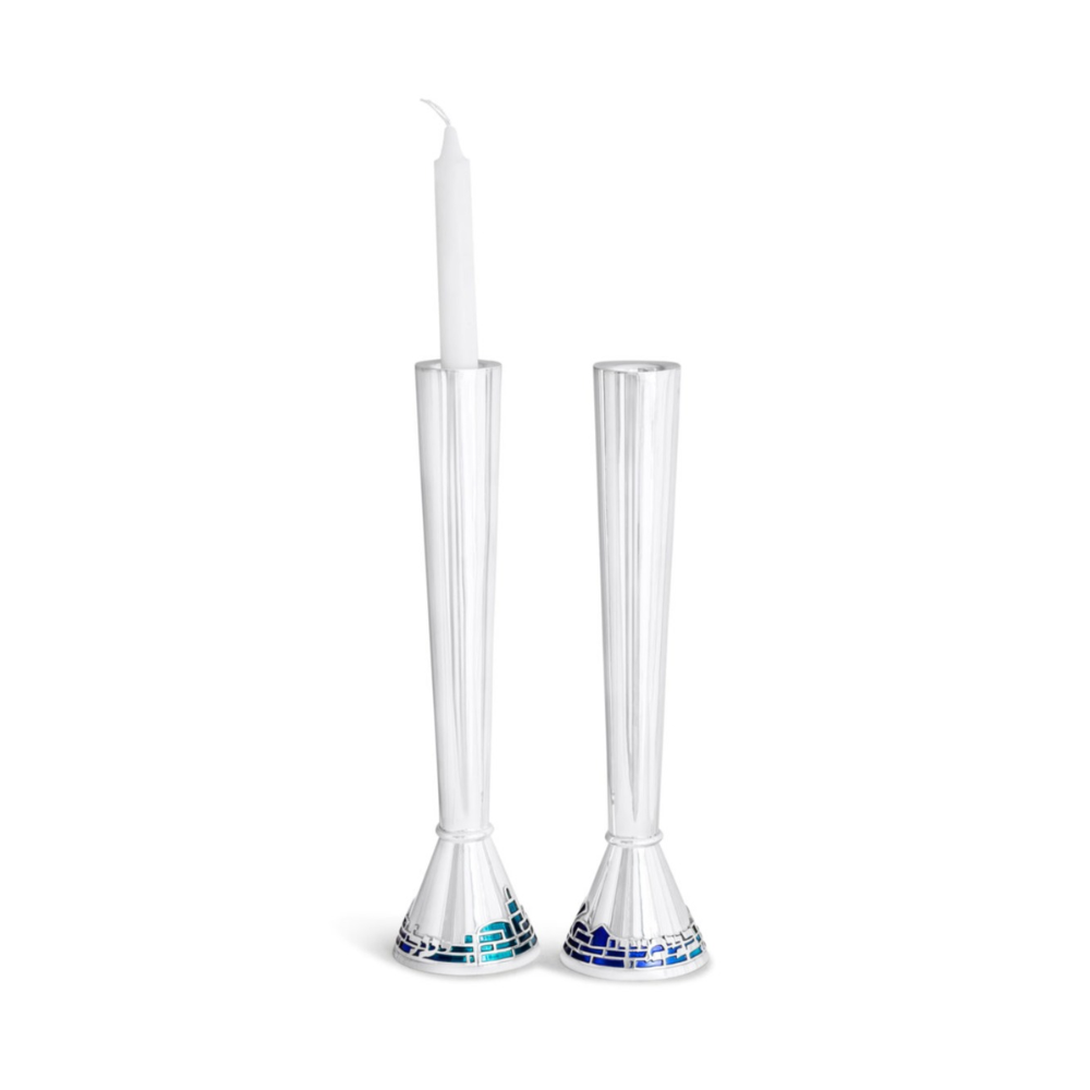 CANDLESTICKS - Personalized Silver Modern Candlesticks with Jerusalem in Enamel