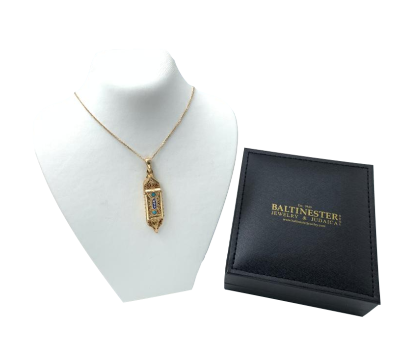 14K Gold Filigree Torah Mezuzah Pendant
