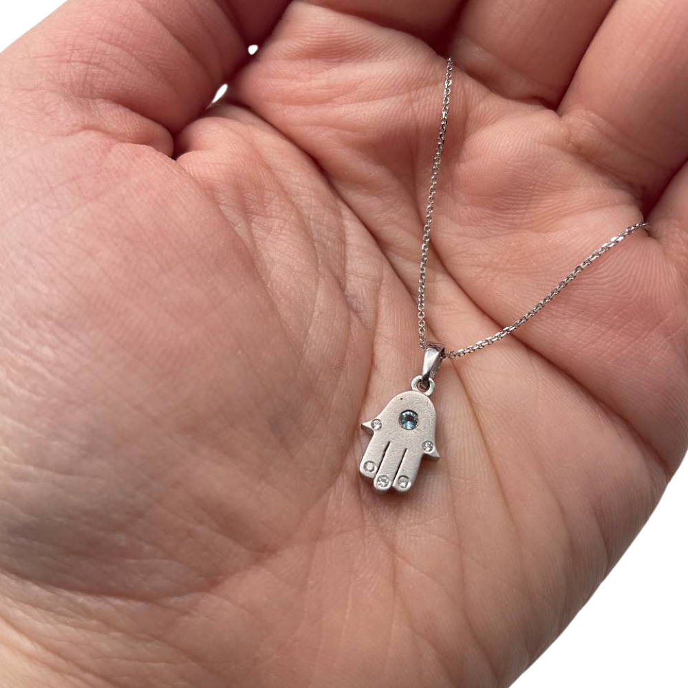 Mini Hamsa Pendant in 14K White Gold Blue Topaz and Diamonds
