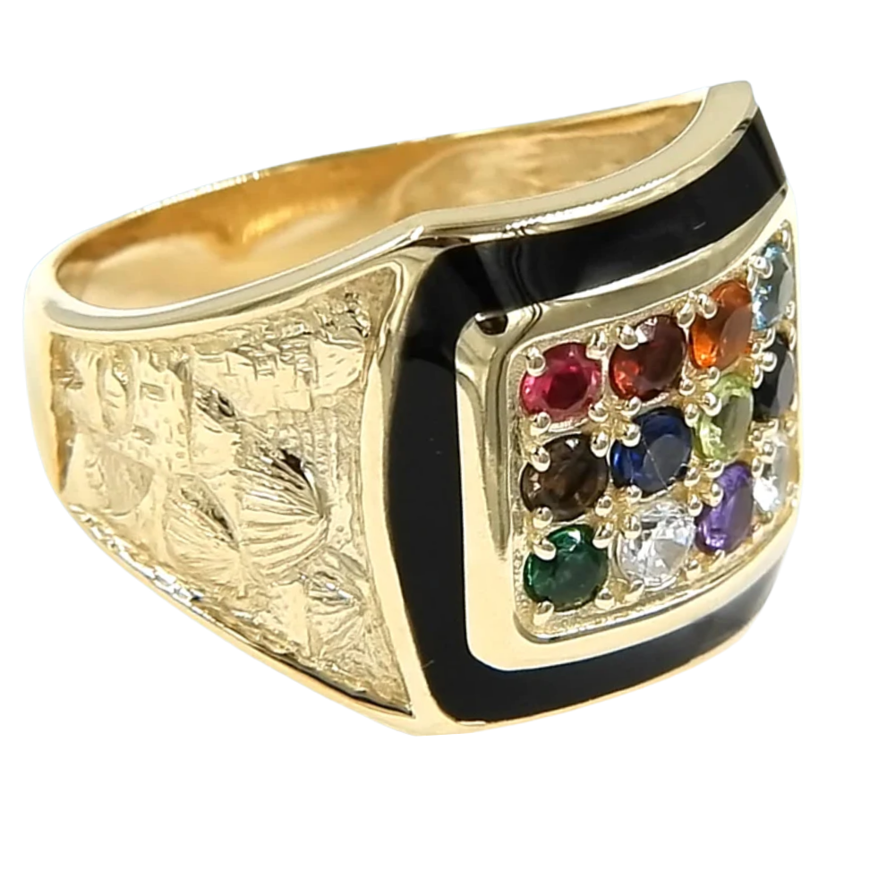 14K Yellow Gold and Black Enamel Hoshen Gems Jerusalem Ring