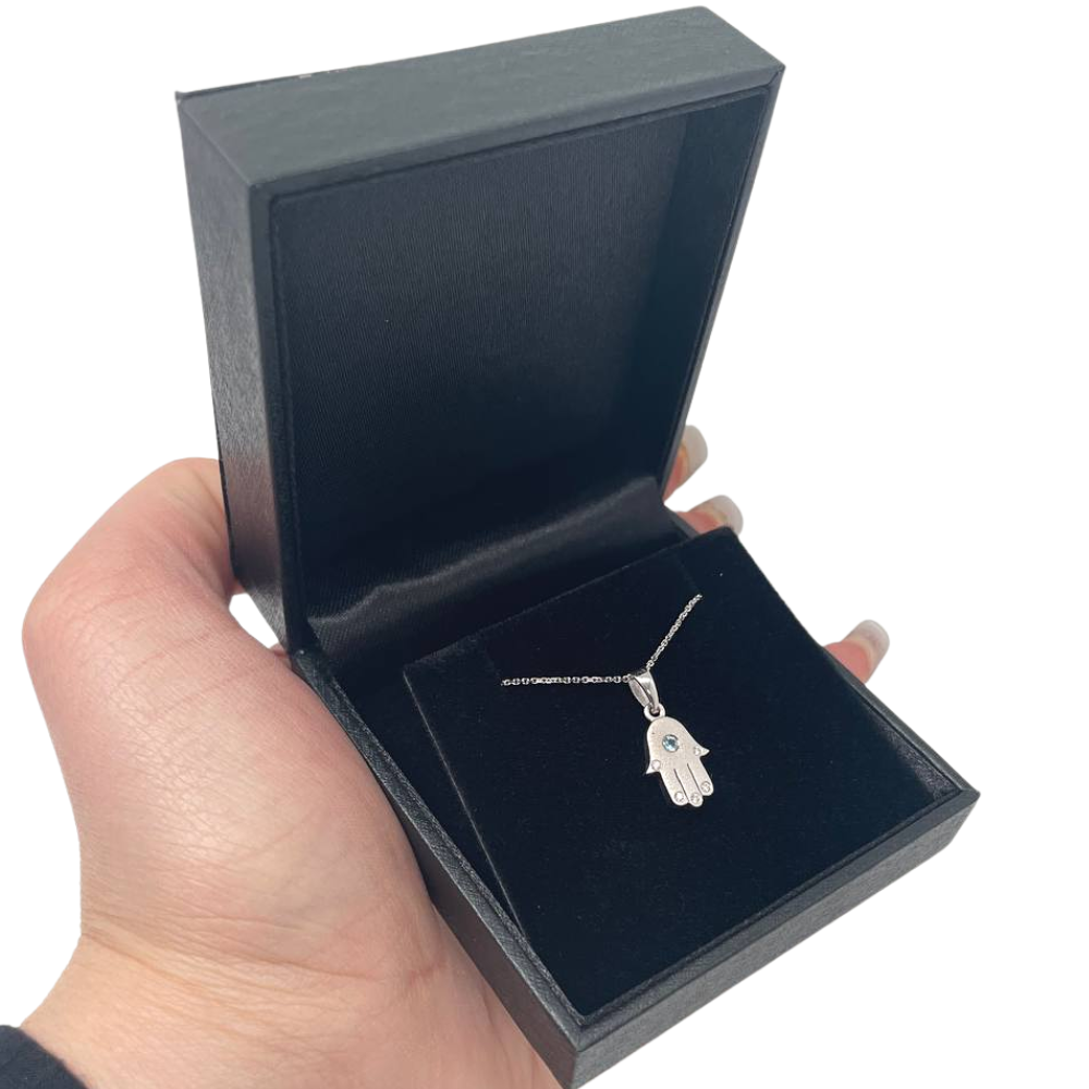 Mini Hamsa Pendant in 14K White Gold Blue Topaz and Diamonds