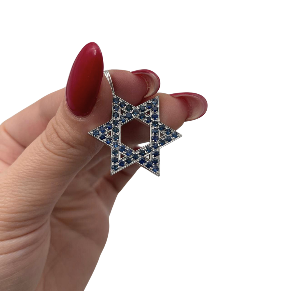 Star of David Pendant with Sapphires in 14K Gold - Large