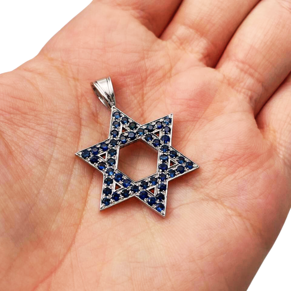 Star of David Pendant with Sapphires in 14K Gold - Large