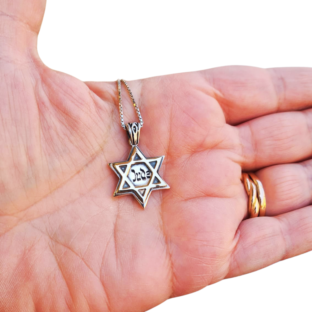 Star of David Jude & NEVER AGAIN Pendant in 9K Gold and Sterling Silver