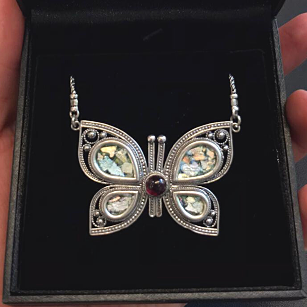 Silver Butterfly Necklace with Roman Glass & Red Garnet