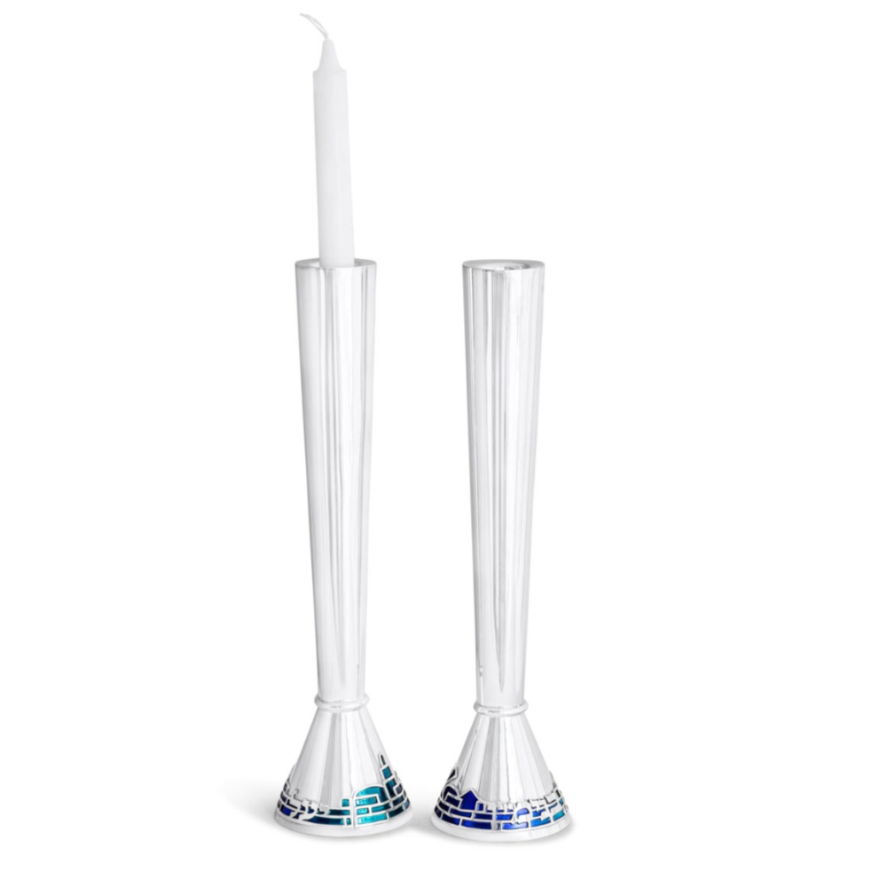 CANDLESTICKS - Personalized Silver Modern Candlesticks with Jerusalem in Enamel