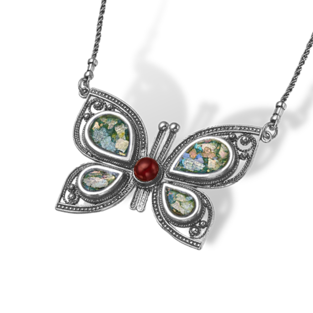 Silver Butterfly Necklace with Roman Glass & Red Garnet