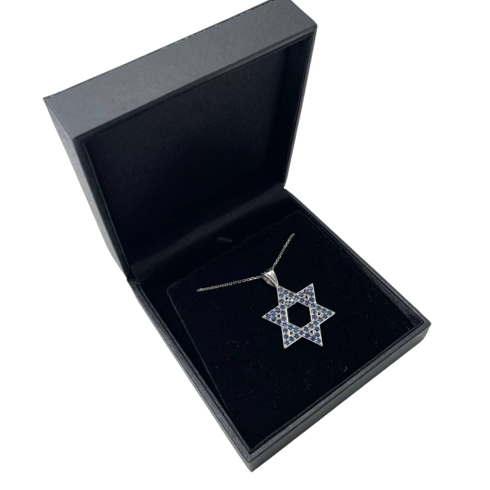 Star of David Pendant with Sapphires in 14K Gold - Large