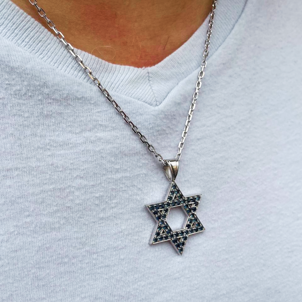 Star of David Pendant with Sapphires in 14K Gold - Large