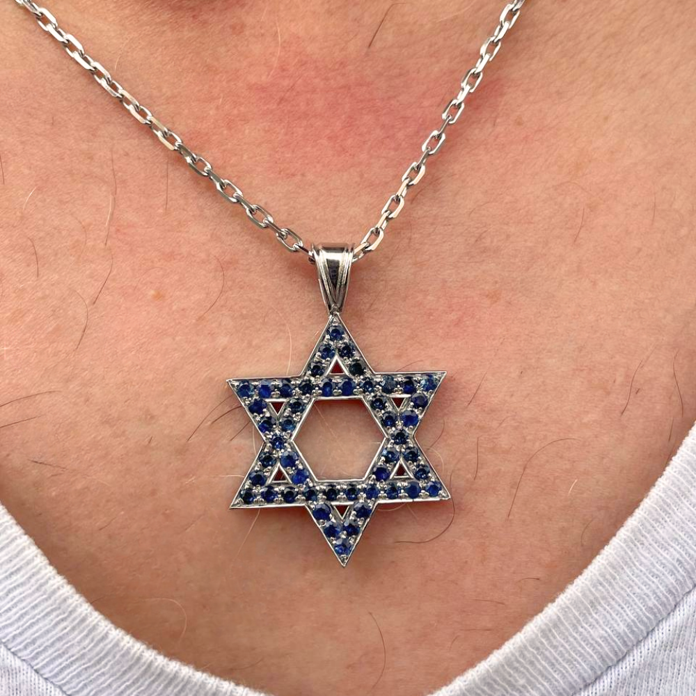 Star of David Pendant with Sapphires in 14K Gold - Large
