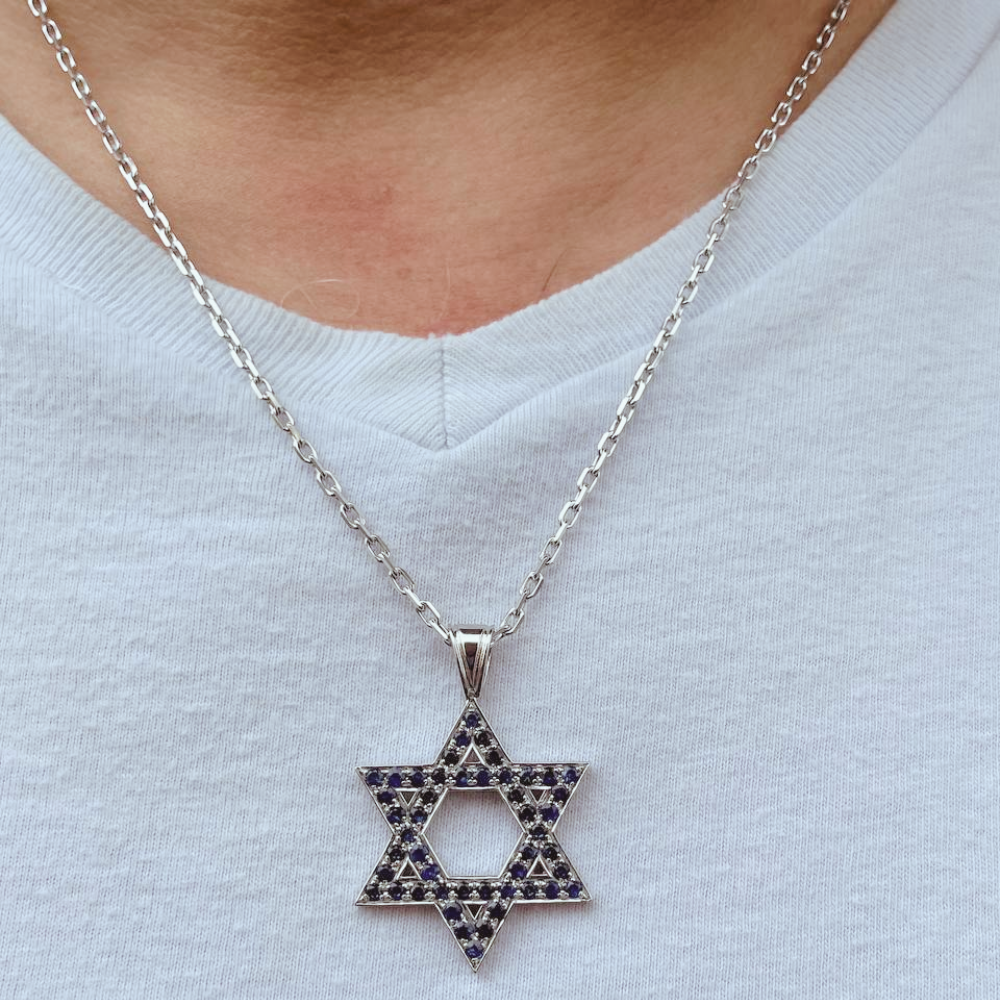 Star of David Pendant with Sapphires in 14K Gold - Large