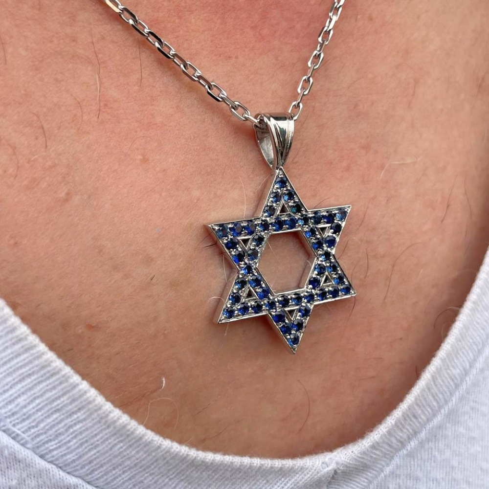 Star of David Pendant with Sapphires in 14K Gold - Large