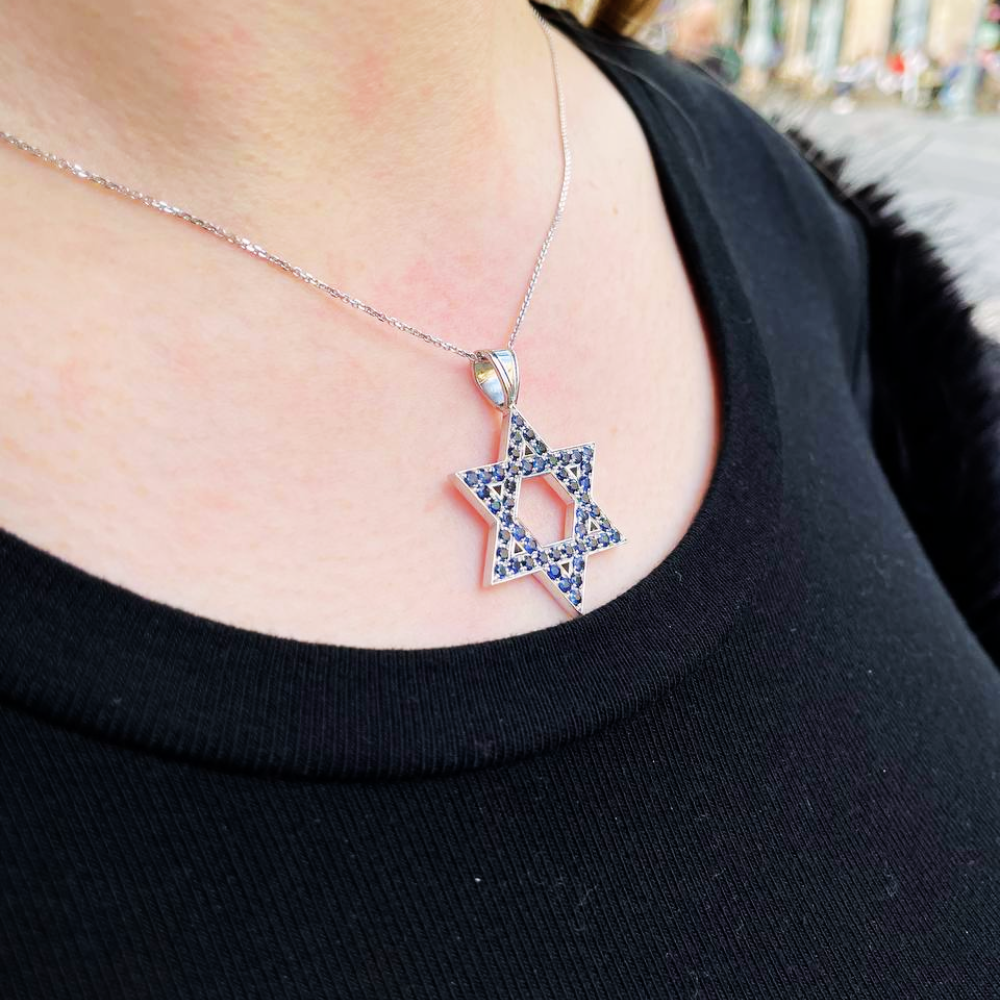 Star of David Pendant with Sapphires in 14K Gold - Large
