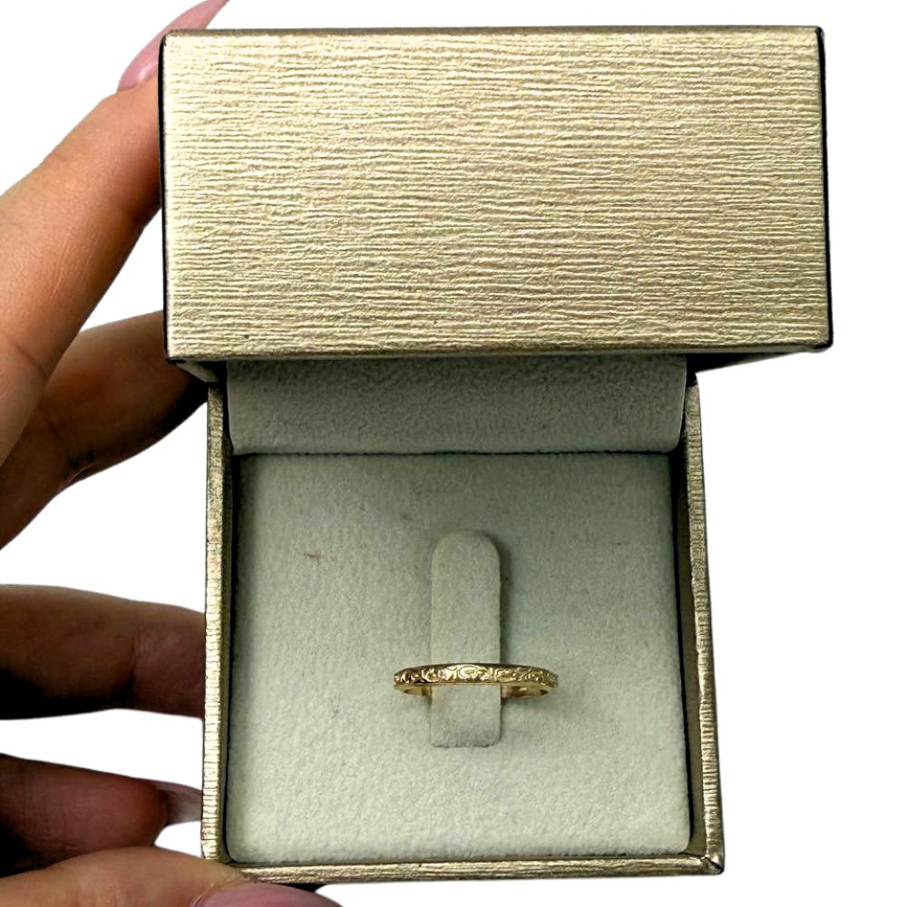 14K Solid Gold Floral Engraved Ring Vintage-Inspired Stackable