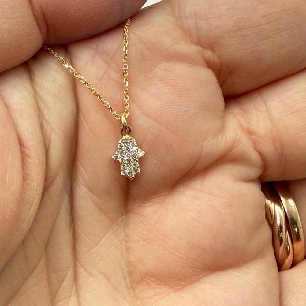 14K Yellow Gold Diamond Hamsa Hand Pendant Necklace