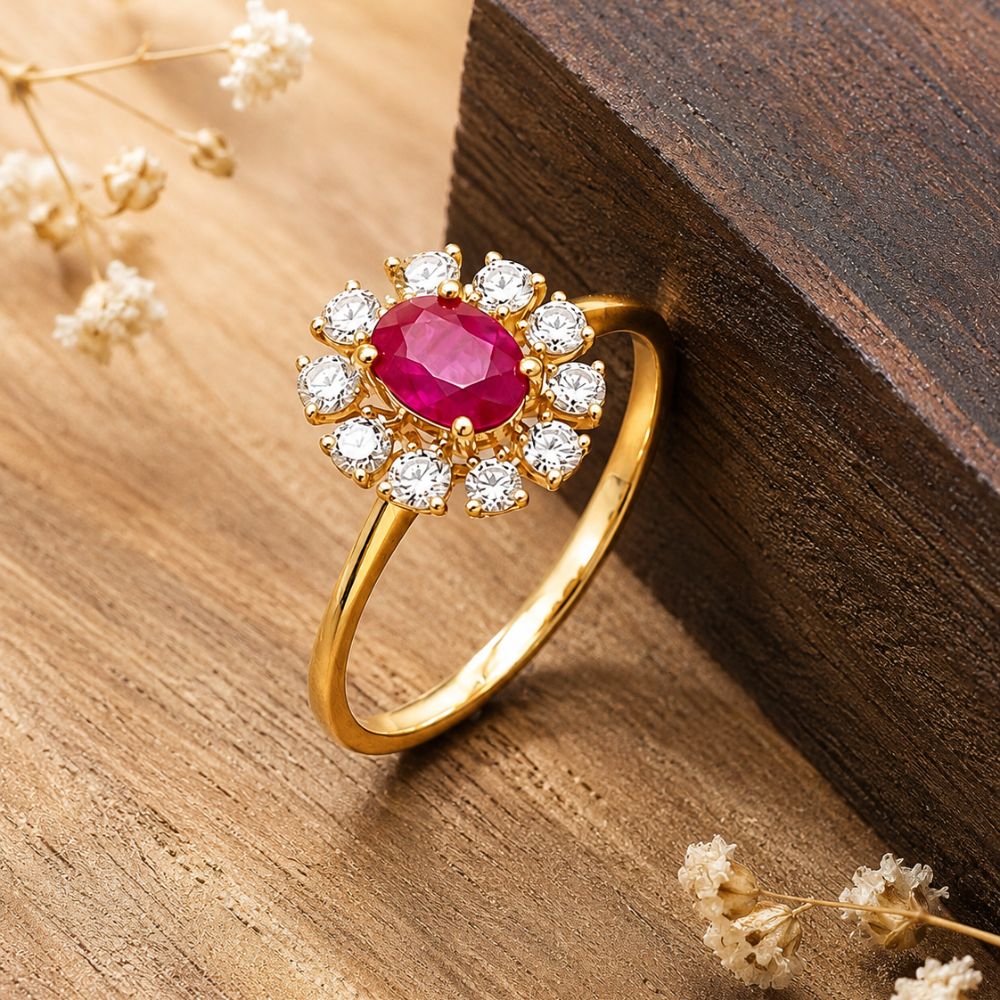 14K Gold Ruby & Diamond Halo Ring
