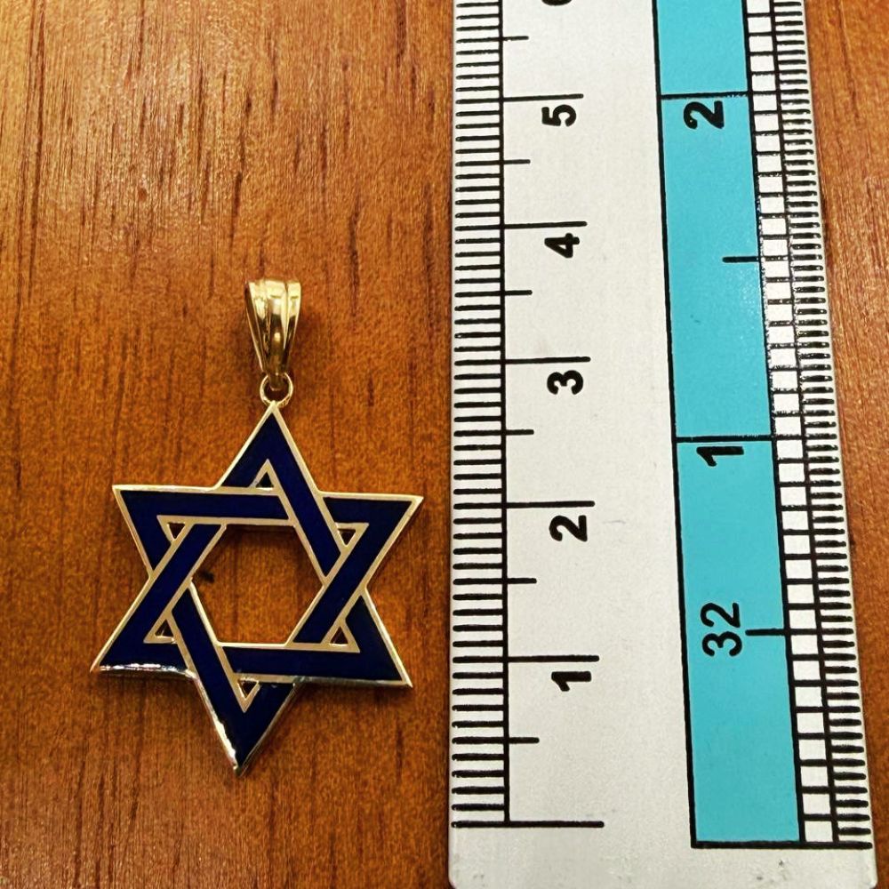 14K Gold Blue Enamel Star of David Pendant