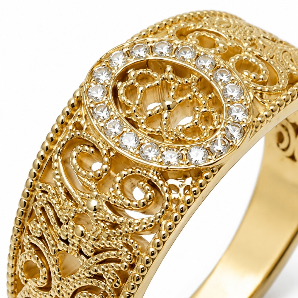 14K Yellow Gold Diamond Filigree Ring – Vintage Ornate Statement Ring
