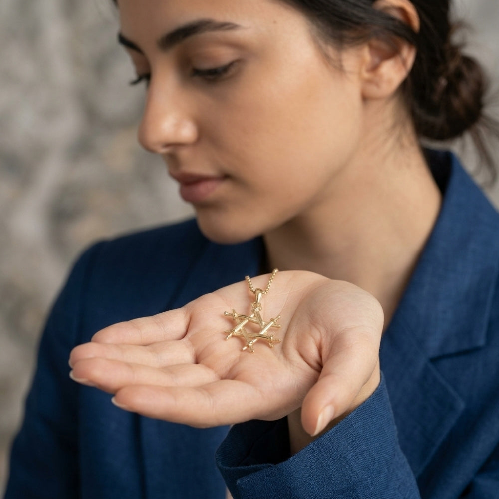 14K Solid Gold Iron Swords Star of David Pendant – Magen David Haravot Barzel Jewish Necklace