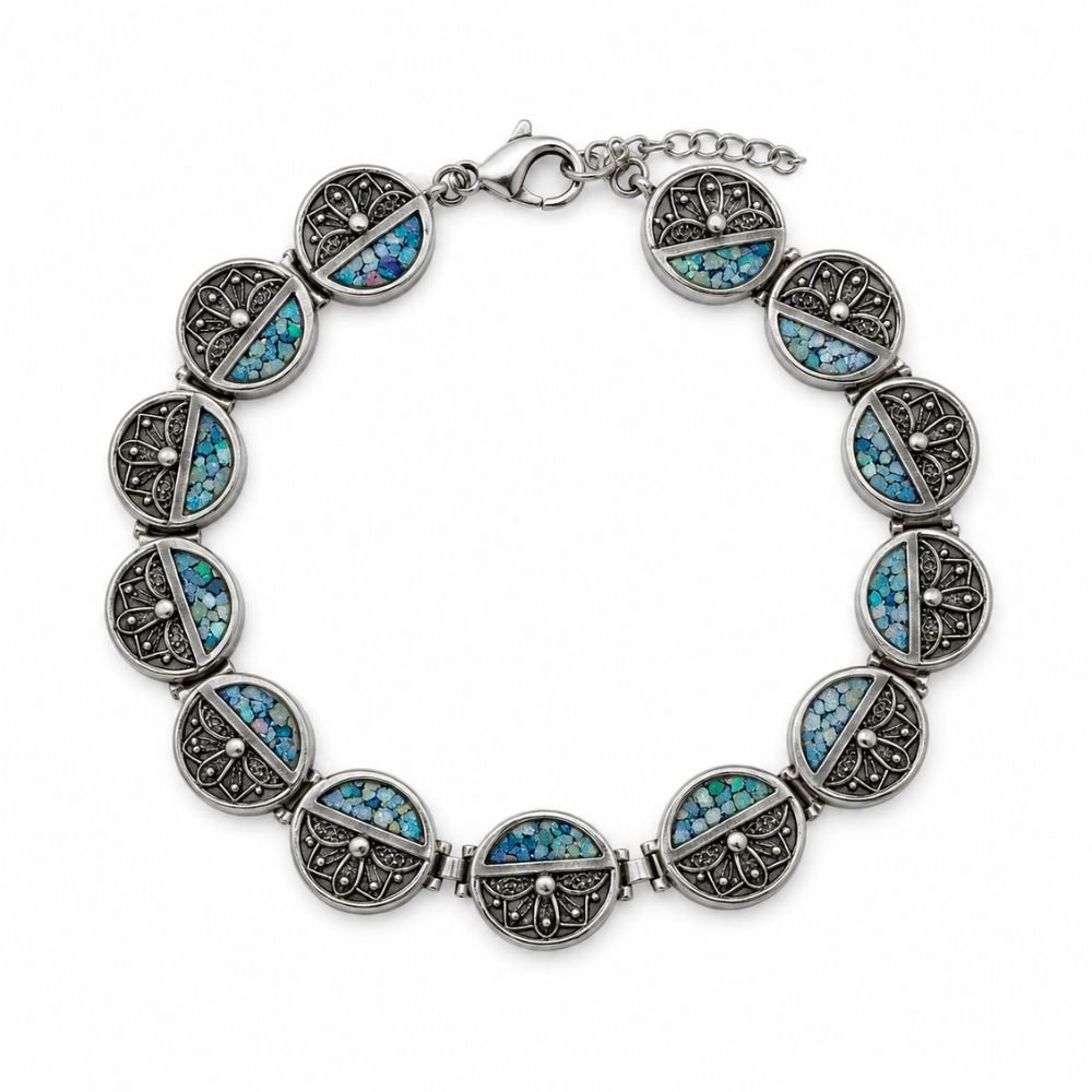 Sterling Silver Roman Glass Link Bracelet