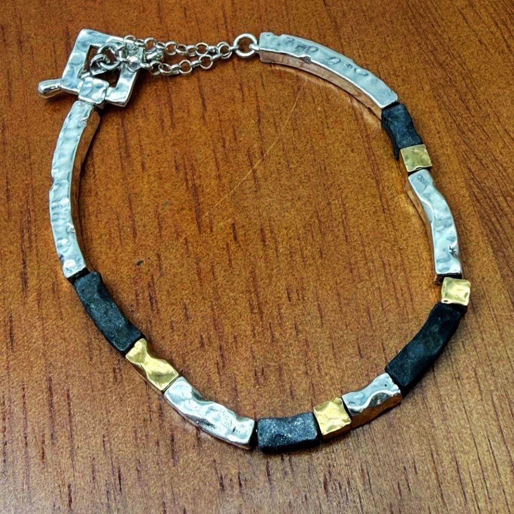 Handcrafted Israeli Mixed-Metal Bar Bracelet – Silver, Oxidized Silver & Gold Plated