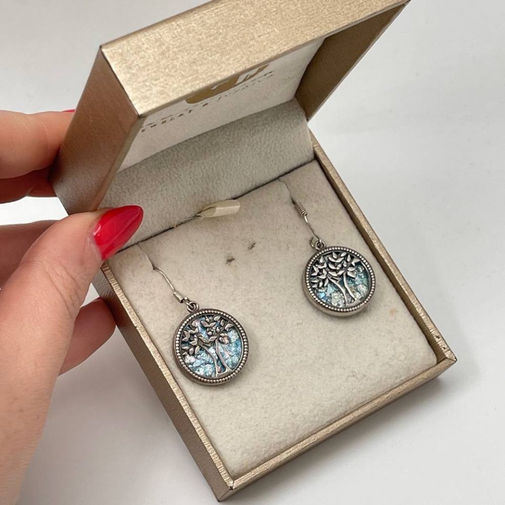 Tree of Life Earrings with Roman Glass in Sterling Silver