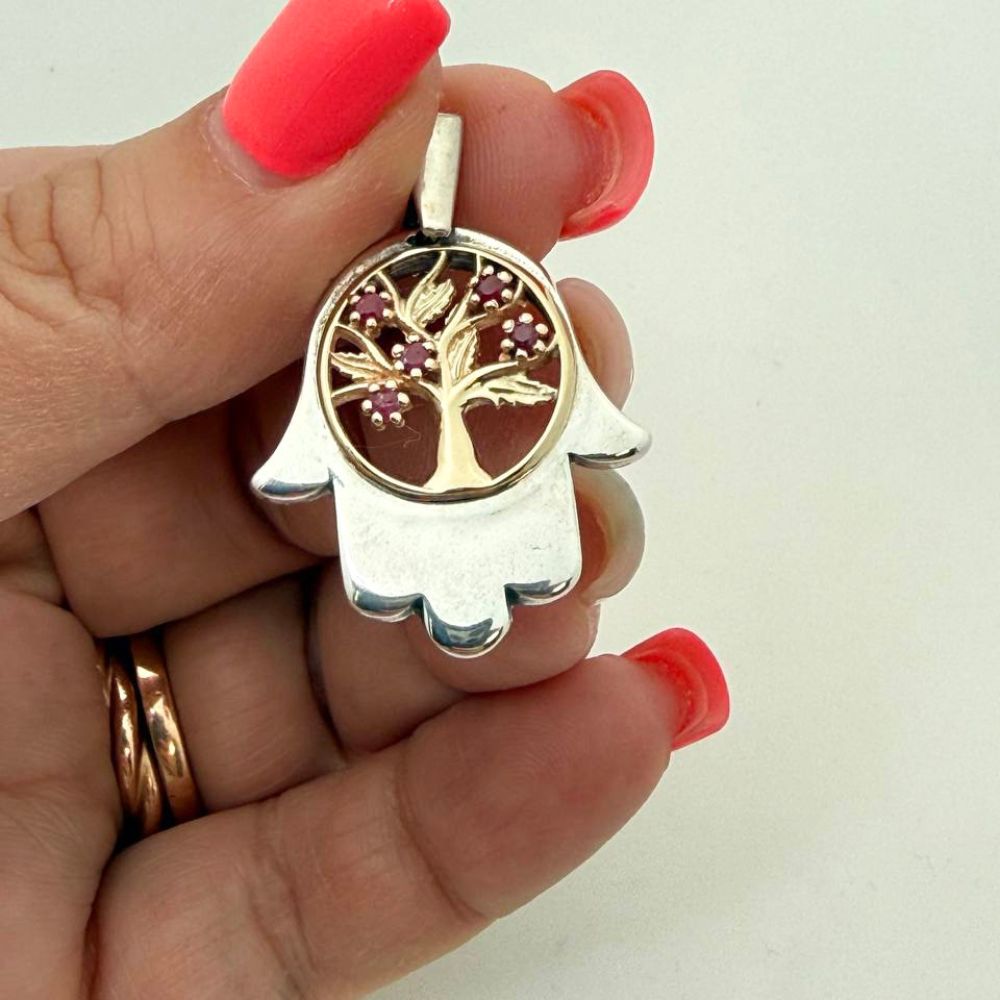 Sterling Silver & Gold Hamsa Tree of Life Pendant Necklace with Genuine Rubies