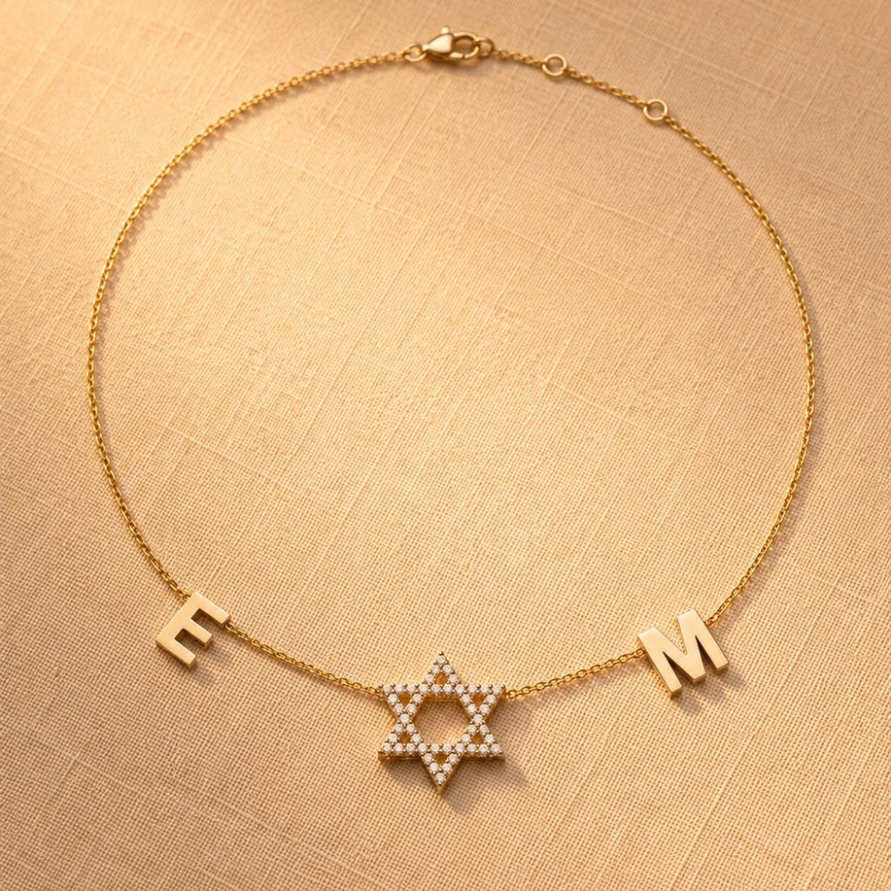 14K Gold Diamond Star of David Personalized Initials Necklace
