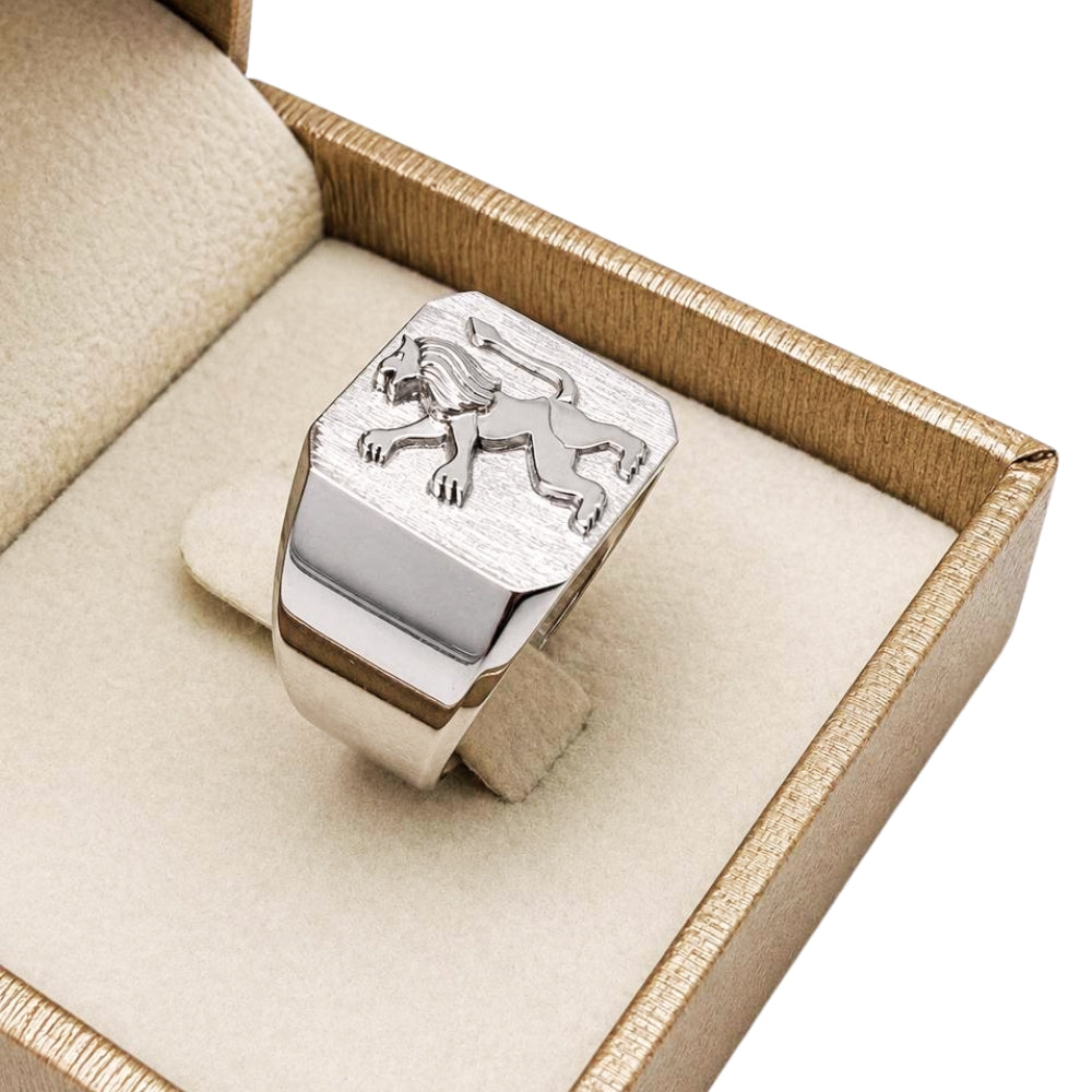 14K White Gold Lion of Judah Signet Ring Jewish Symbol Men's Statement Ring