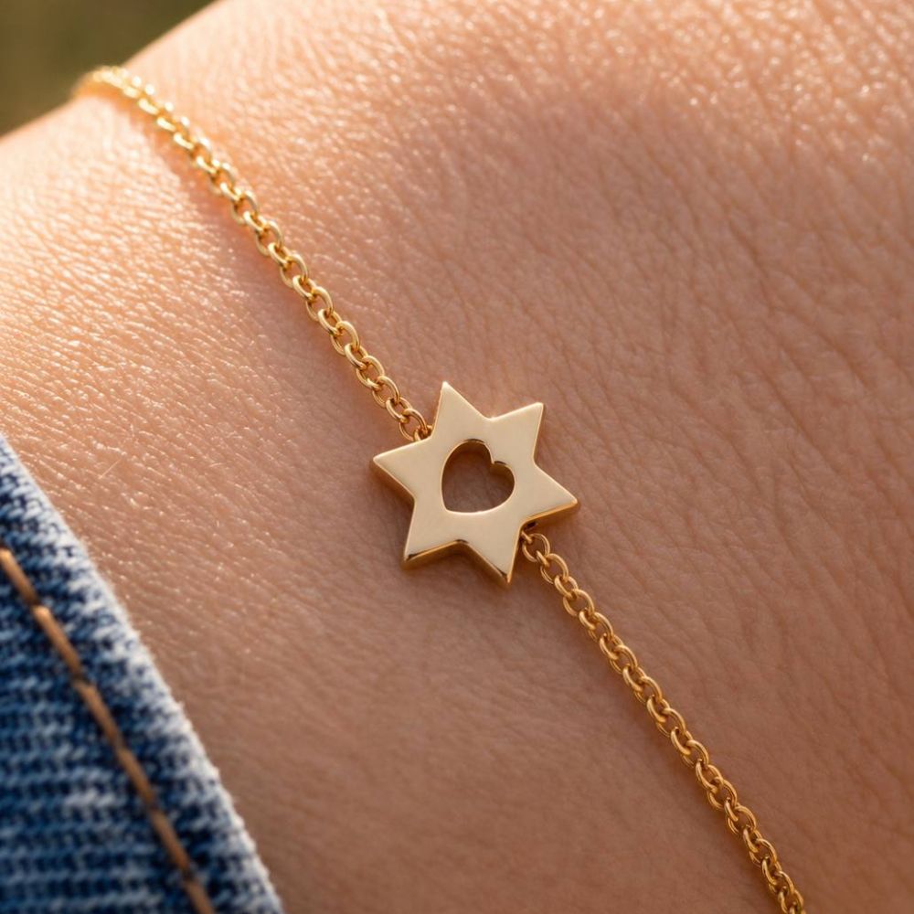 14K Yellow Gold Star of David Heart Bracelet