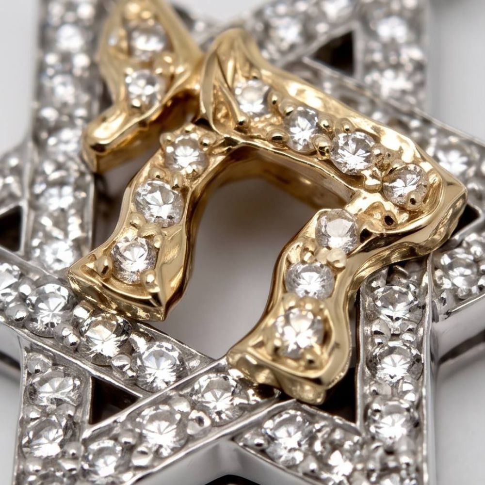 14K Two-Tone Gold Star of David & Chai Diamond Pendant