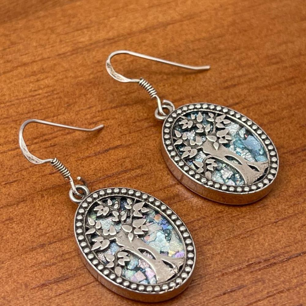 Oval Tree of Life Earrings with Roman Glass in Sterling Silver