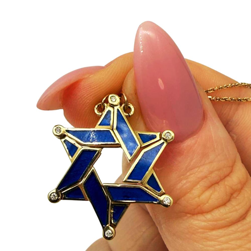 14K Gold Expandable Star of David Butterfly Necklace with Blue Enamel & Diamond