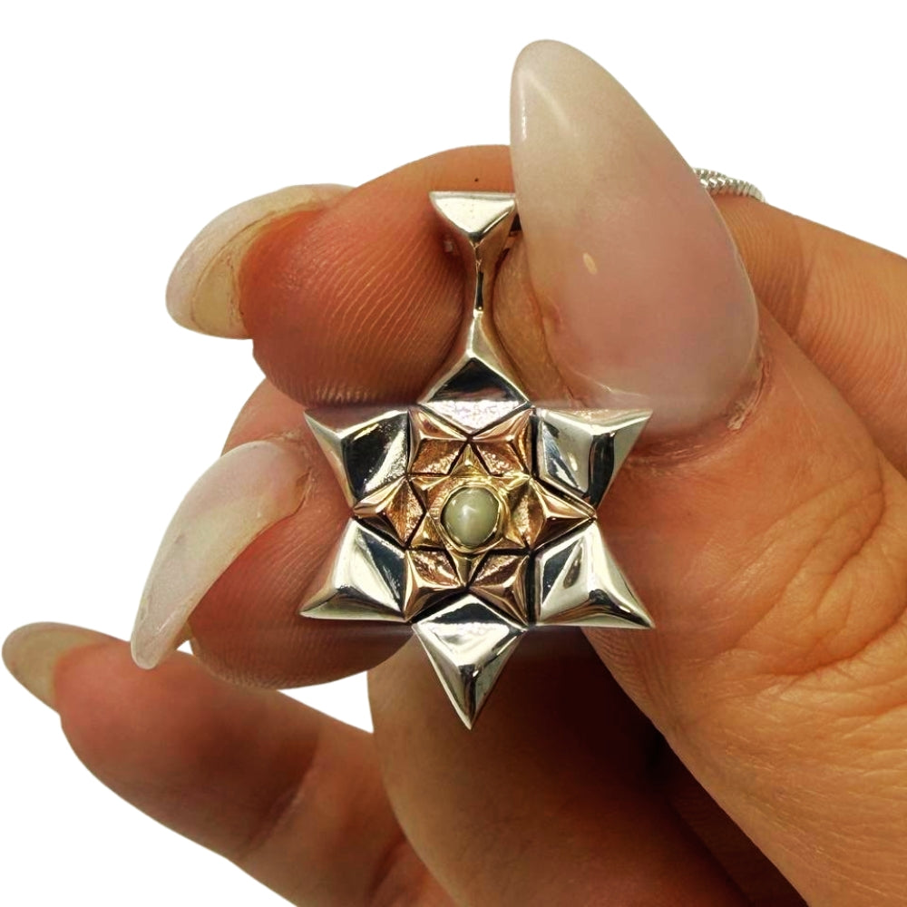14K Gold and Silver Star of David with Chrysoberyl Kabbalah Pendant Chain Set