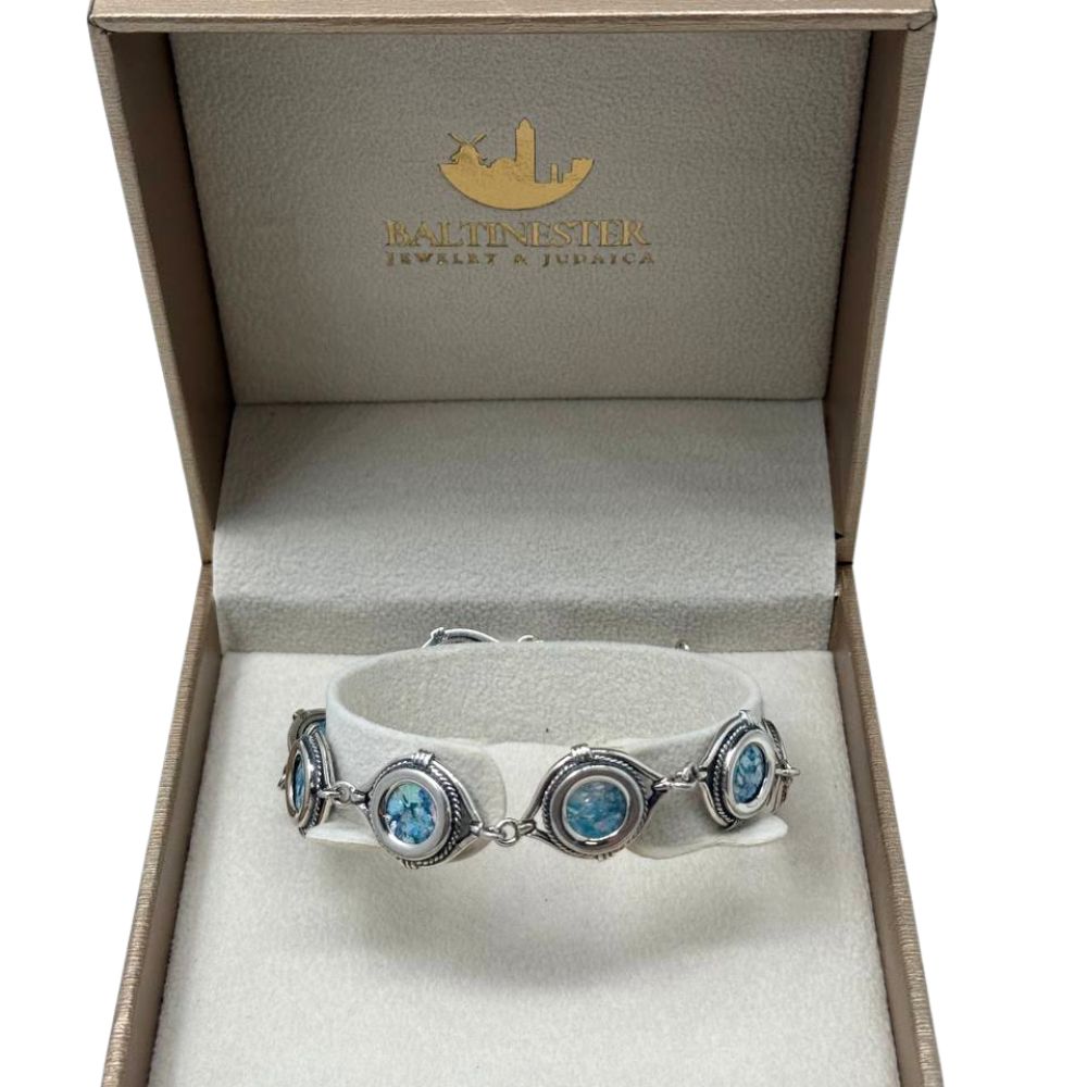 Sterling Silver Roman Glass Link Bracelet Round Station