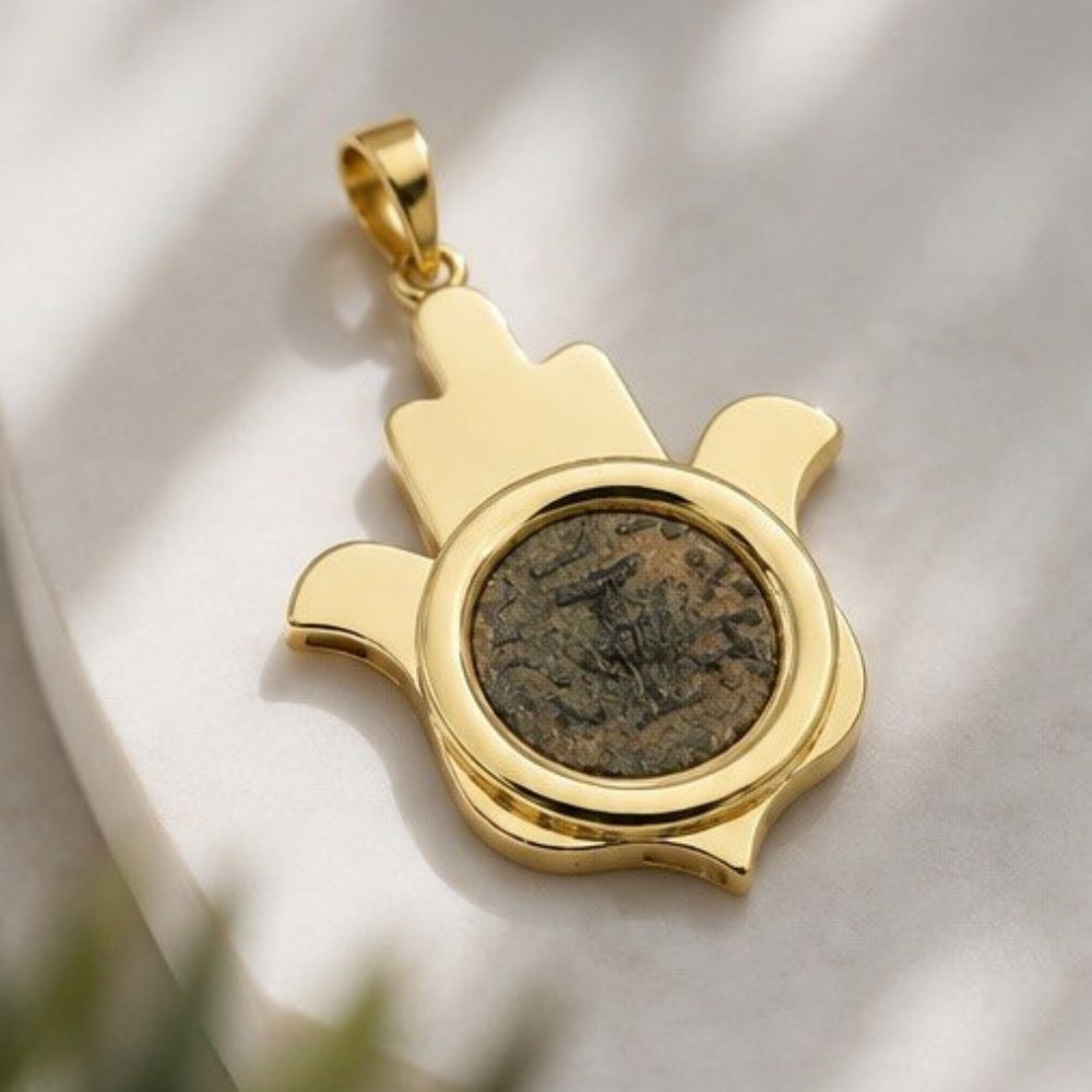 14k Gold Hamsa Pendant with Masada Coin