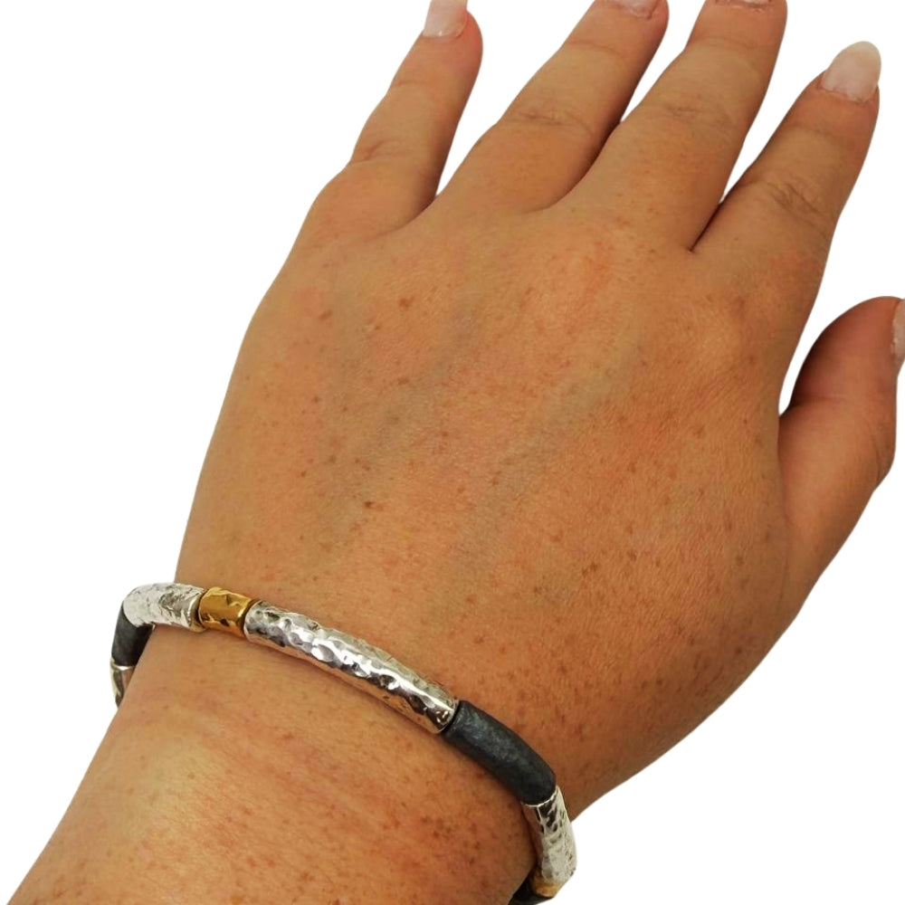 Lightweight Israeli Silver Bracelet – Oxidized Silver & Gold Plated Hammered Jewelry