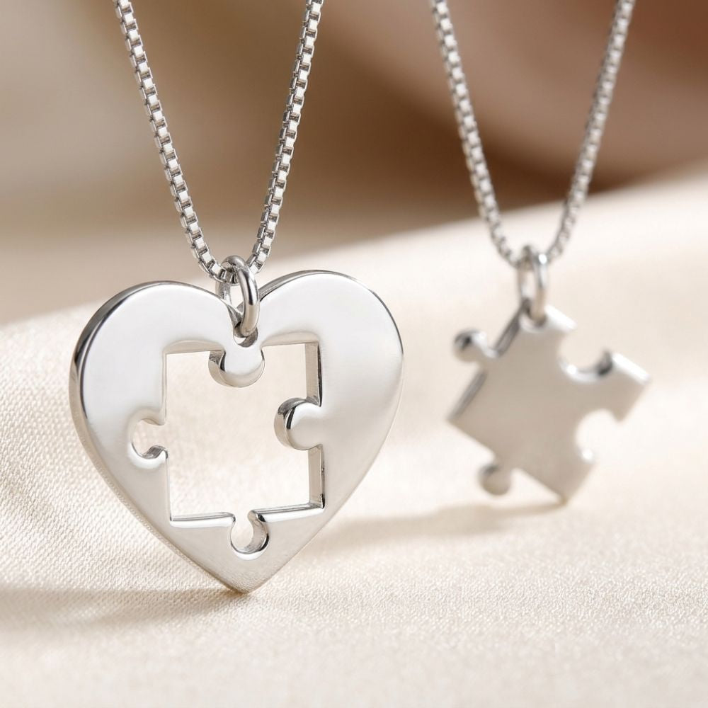 925 Sterling Silver Heart Puzzle Necklace Set – Matching Couple
