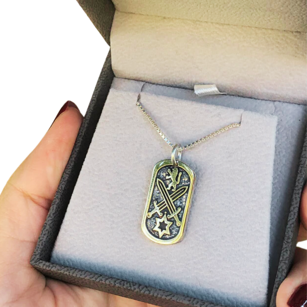 War of Iron Swords Tag Pendant with Star of David & Lion of Judah in 9K Gold and Sterling Silver