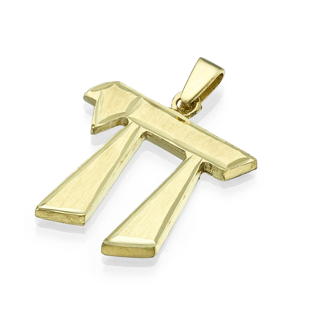 Chai Pendant Dual Finish 14k Yellow Gold Angled