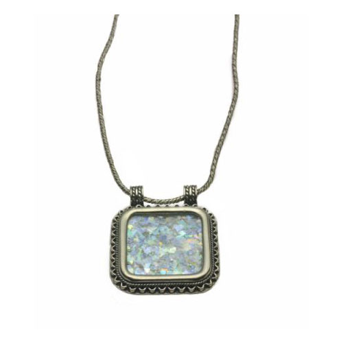 Sterling Silver Filigree Roman Glass Square Necklace