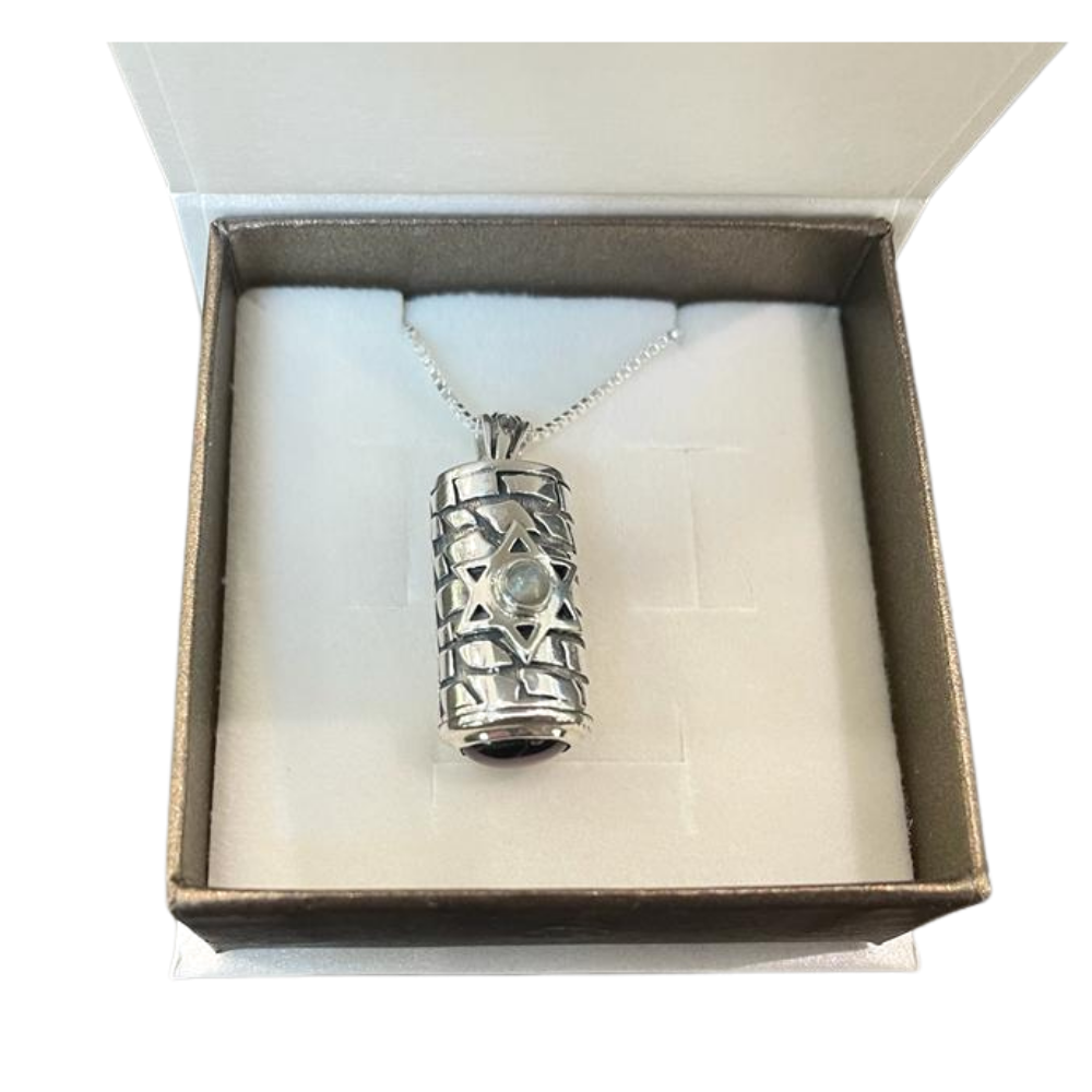 Sterling Silver Star of David Mezuzah Pendant Necklace with Garnet and Chrysoberyl Stones