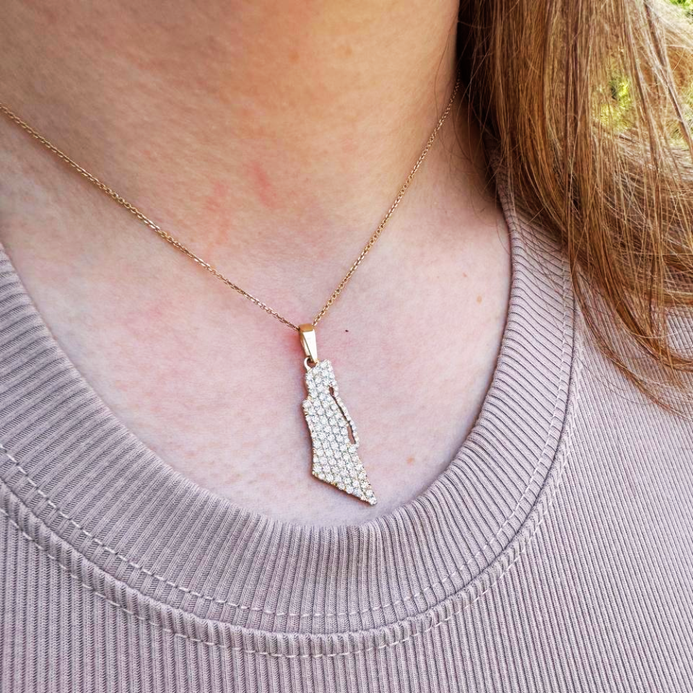 Diamond Studded Map of Israel Pendant with Am Israel Chai in 14K Gold