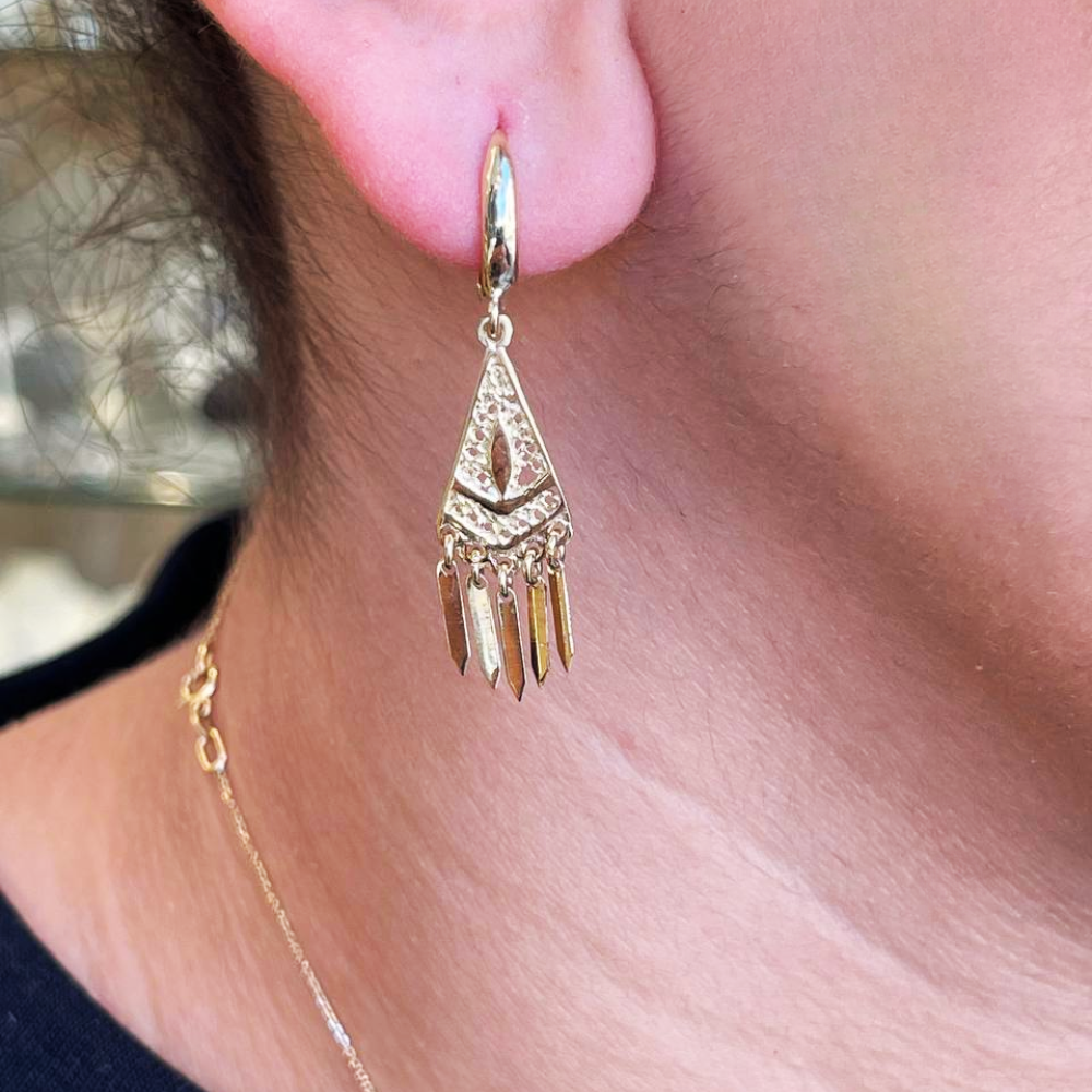 Filigree Triangle Fringe Earrings in 14K Solid Gold