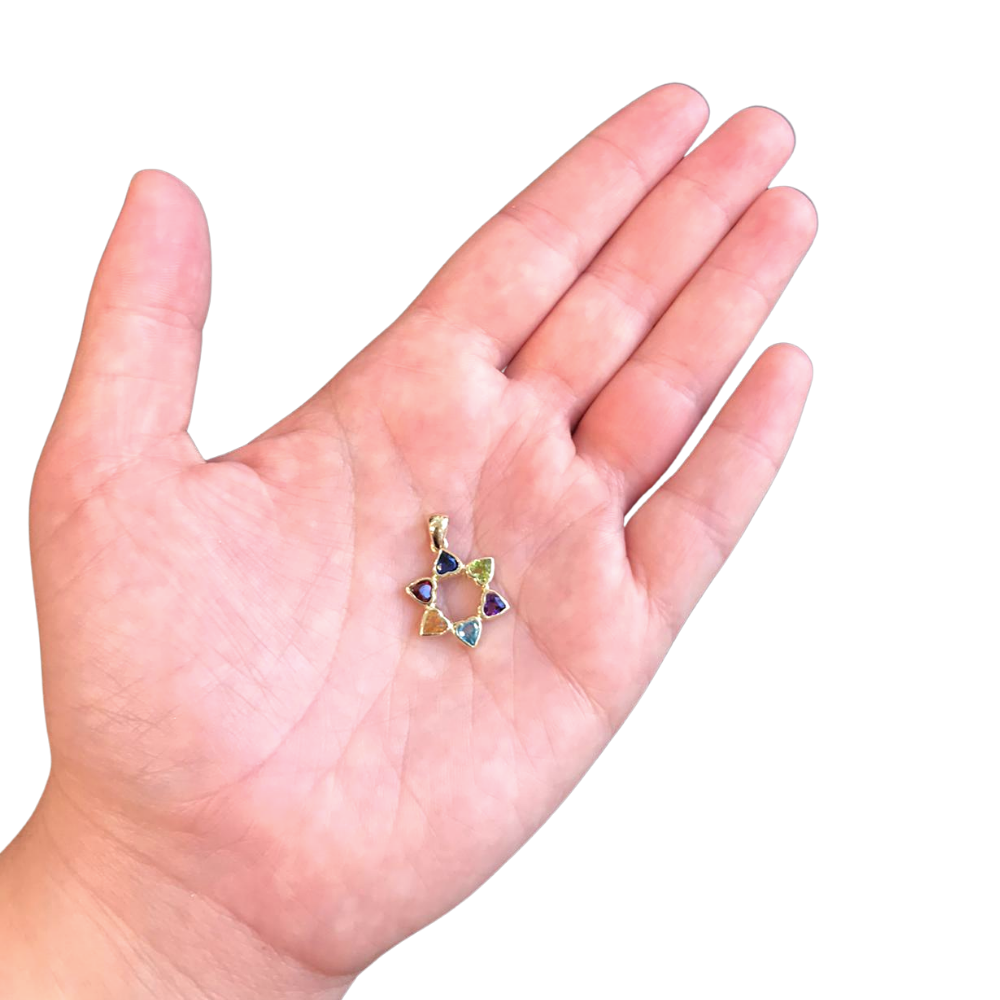 Heart Shaped Colorful Star of David Pendant 14k Gold