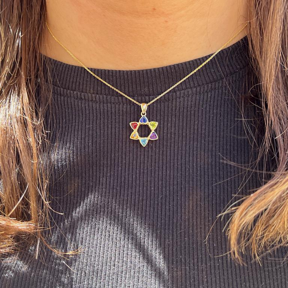 Heart Shaped Colorful Star of David Pendant 14k Gold