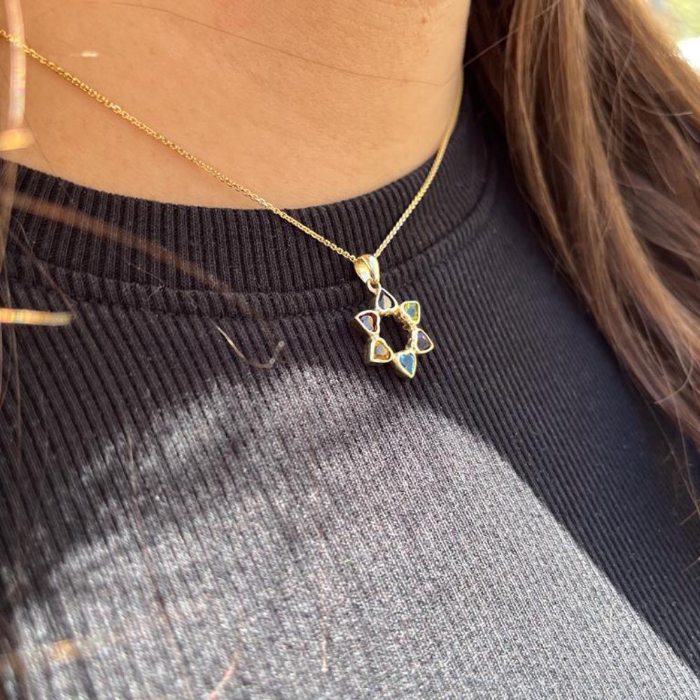 Heart Shaped Colorful Star of David Pendant 14k Gold