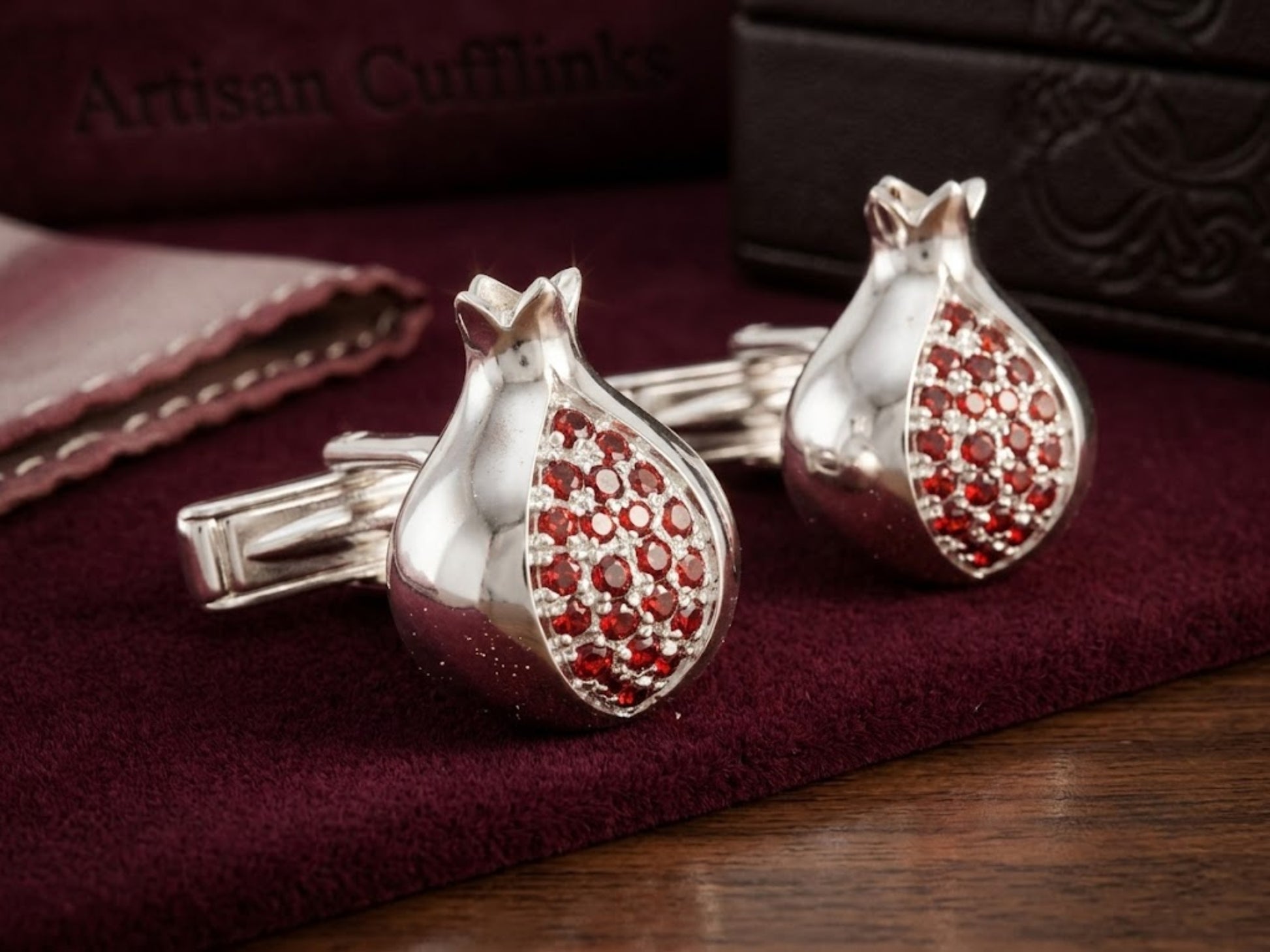 Sterling Silver and Garnets Pomegranate Cufflinks