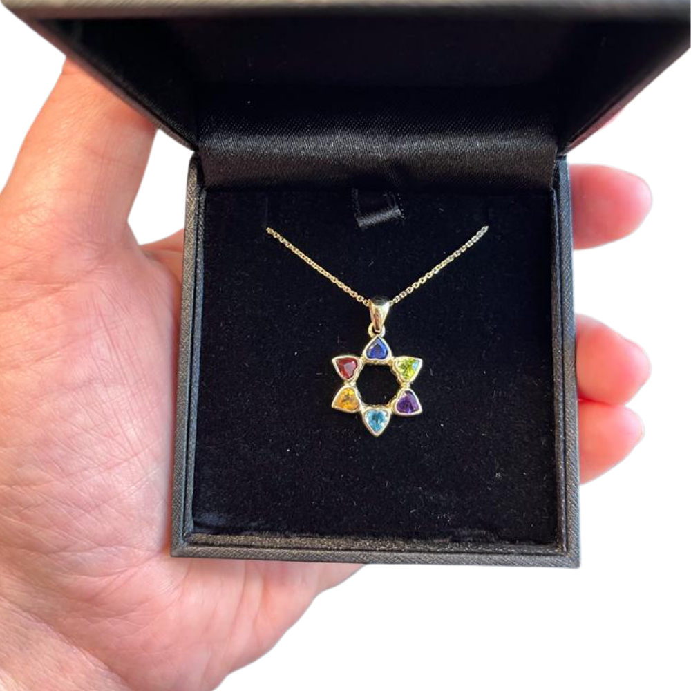 Heart Shaped Colorful Star of David Pendant 14k Gold